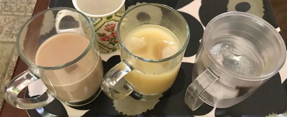 Coconut water , latte , turmeric latte , tap water  .. all iced