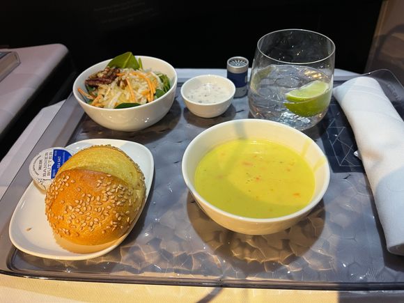 First course:
Corn chowder, spinach salad with jicama and poppyseed dressing, warm bread.