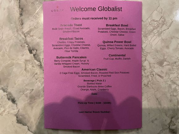 Breakfast menu. Need to circle selections and return to front desk by 11pm