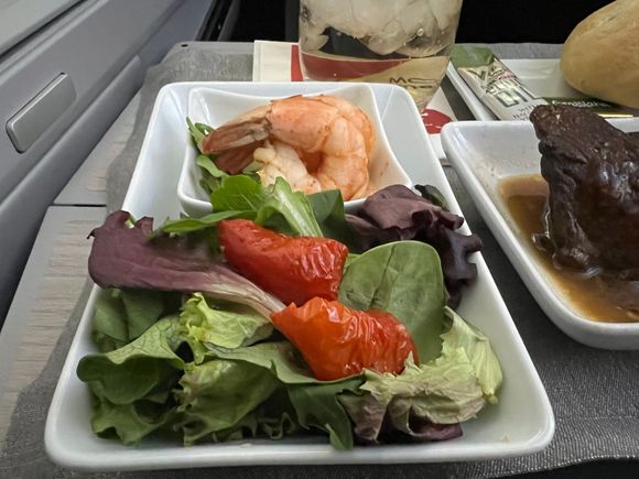 Mixed greens salad before adding the balsamic vinegar and olive oil dressing.  Shrimp was not looking so good, it was brownish in color?