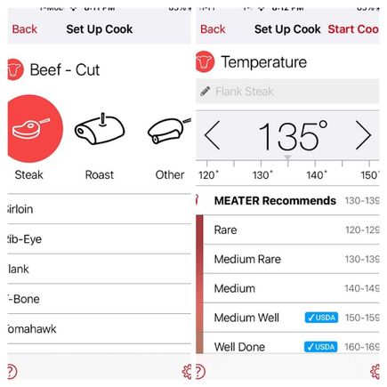 Steps 3 and 4 for Flank Steak as an example. You can toggle the target temp at the top or choose a preset. 