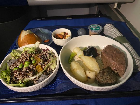 Guys, we've got to do better.

This is IAD-LHR on UA 918, the 6:10 PM departure.

Admittedly, this was the express service, which I requested to get some sleep. So I don't blame United for the one-tray presentation.

But the entree is silly. The 