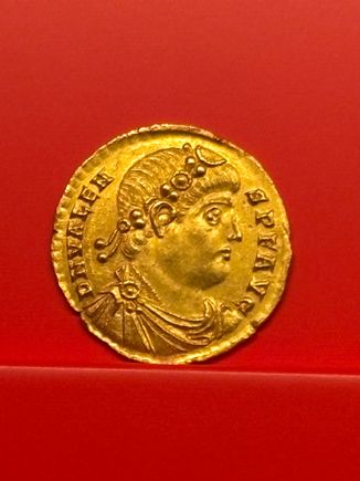 The face of Emporer Valens (368-374 AD). Valens was defeated and killed at the battle of Adrianople in 374 AD by invading Goths. This battle marked the beginning of Barbarian encroachment into Roman territory. 