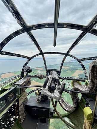 View forward from the nose section where the forward gunner/bombardier  would have sat. On a bombing mission, the  aiming would have been done from here also