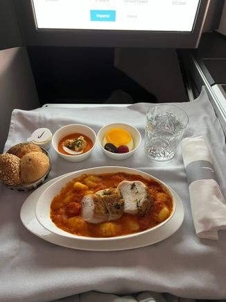 The chicken from the BA269 menu above. This was the second meal. Quite substantial. The chicken seems a bit of an after thought on the dish. 

Regarding my the butter… the container was about 3/4 full. 