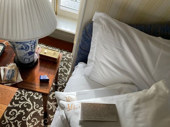Monogrammed signature pillowcases on the bed's pillows  await us every stay : most delightful appreciative touch and for sure one can consider oneself furniture at IC AMS