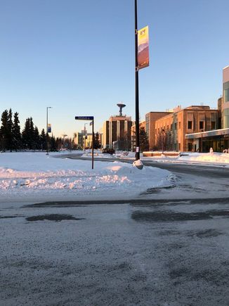 Looking west towards the Geophysical Institute on the UAF campus. The University of Alaska Fairbanks is the flagship campus of the University of Alaska system and is a global hub of arctic research. 