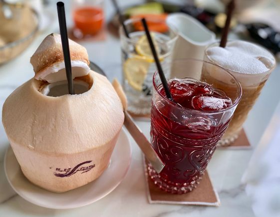 Coconut , roselle , iced latte and water