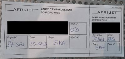 Afrijet hand written boarding pass