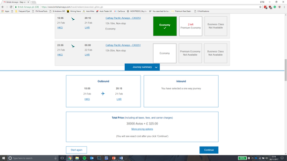 BA Avios redemption tax error on CX HKG-LHR in Y. 