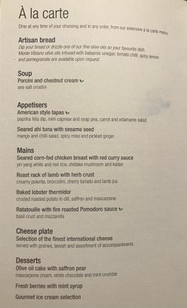 Business Class menu SFO-DOH Apr 2022