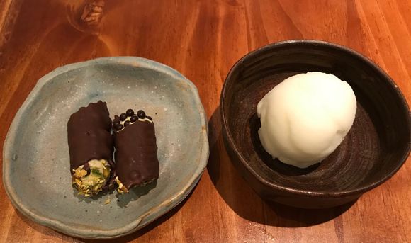 chocolate cannoli ( pistachio - ricotta cream ) & lemon sorbet