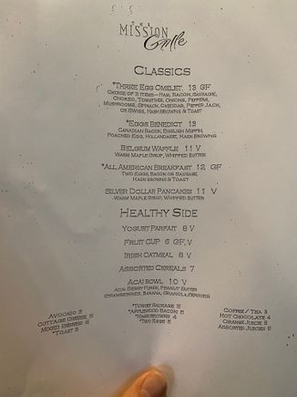Breakfast menu (buffet is also available) 