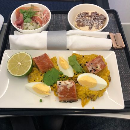 Band 3 lunch : Pea, potato & prosciutto starter, Kiln-roasted salmon with curried rice salad & egg.
