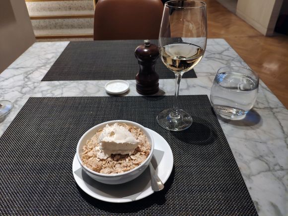 Apple and vanilla crumble served with Muscat de Beaumes-de-Venise dessert wine