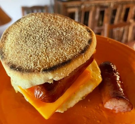 In our HI condo with a not well stocked refrigerator, improvised with what I’ll call Smoky link, egg and cheese McMuffin. 