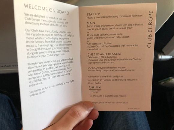 Club Europe menu.