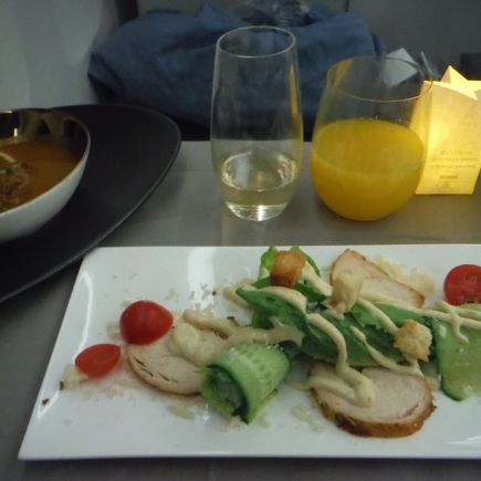 Chicken Caesar Salad, mushroom soup behind