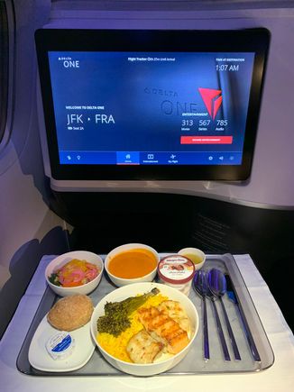 From JFK: mixed fish grill of salmon, monkfish and swordfish with saffron basmati rice…decently flavorful if a bit dry