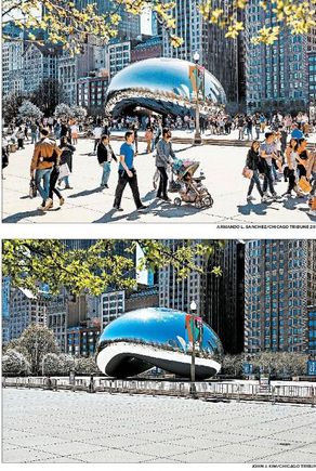 Exactly one year apart. Chicago’s Millenium Park. From today’s Chicago Tribune. 