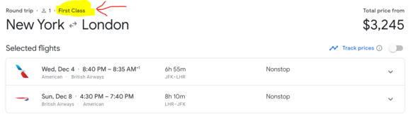 Booked in First (AA leg in F, BA leg in A)