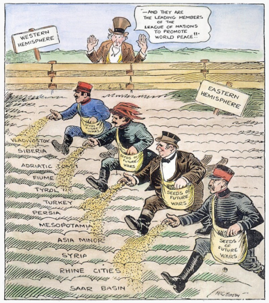 Drawn shortly after the Treaty of Versailles (circa 1920/21), this cartoon shows the “leading members of the League of Nations to promote world peace” hurriedly sowing the “seeds of future wars”…

The eternal Game of Nations and Post–World War I irony, perfectly captured