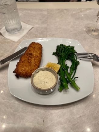 Cod milenease. Came out quite hot. I’d choose the branzino, but not bad. 