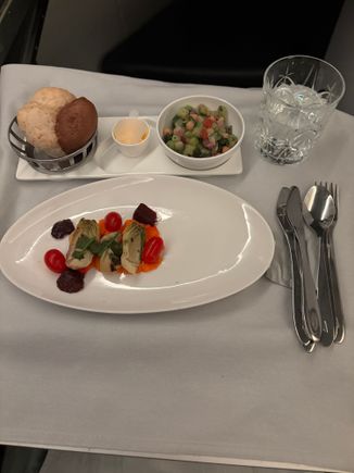 BA56 last night JNB/LHR. The artichoke starter was very nice as was the chicken main which I only remembered I should have photographed when it was half eaten. No wine for me as I had slight sinus problems which tends to aggravate it. For breakfast I tried for the first time the Bircher muesli and realised i have been missing out. Good flight.