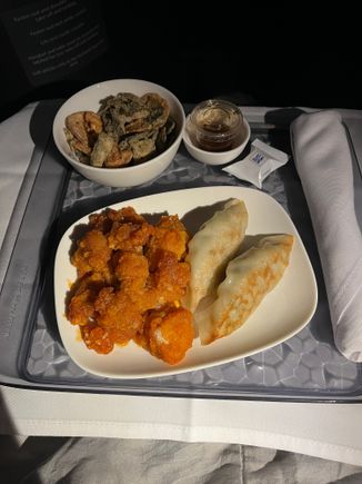 Mid flight snack: Fried spicy chicken and pork dumplings with lotus chips.