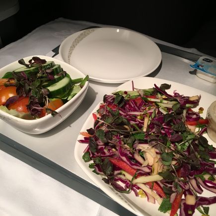 LHR-PEK, Dinner.
Average.
Starter (salad with side salad). The Main salad dish tasted ok once sauce added.