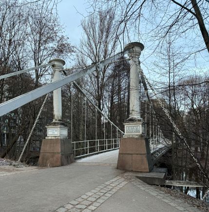 suspension bridge above waterfall
