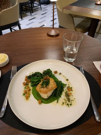 Roasted halibut with broccolini and sea beans…sauce was delicious