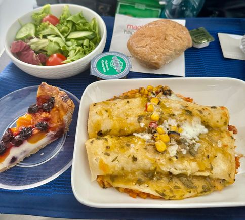 Beef enchies - perfectly fine lunch, good flavor, hot, portioned well. Would definitely get again. Salad fine, bread warm, and cheesecake pretty damn good