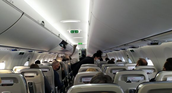 Inside the Airbus A220 with a seating layout of 2-3 