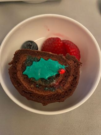 Festive Yule log dessert. Looks better than it tastes. Fruit is nice! 