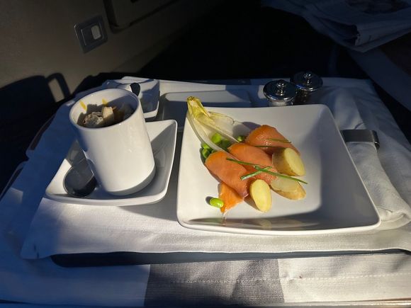 Salmon app with the beer cheese soup. I went for a second mug instead of a salad! The salmon is basically Air Canada’s meal on Jazz when leaving Boston. 