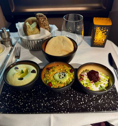 Lunch - Cheef Noof Classic Arabic Mezze, pesto hummus, labneh tahini, avocado muhammara - this was 10/10 all three excellent