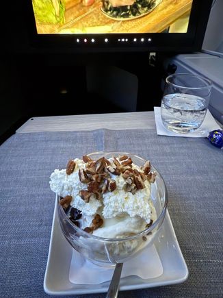 The Flagship sundae with hot fudge, whipped cream, and pecans is my permanent AA business class dessert order.