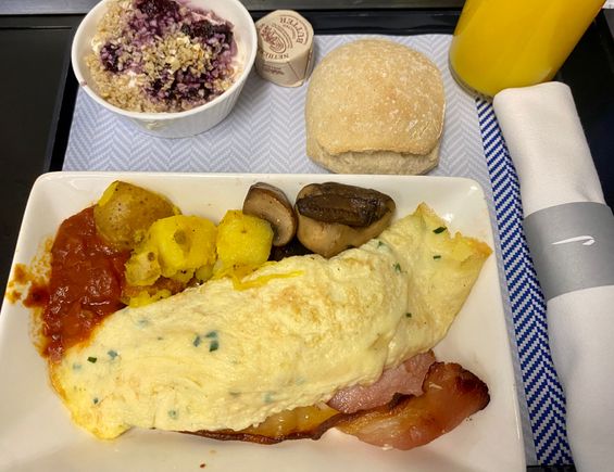 Cream cheese and chive omelette, chorizo hash, bacon