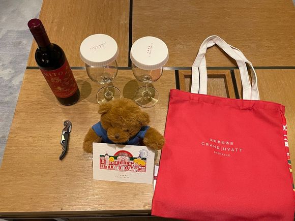 Grand Hyatt Shenyang, the northernmost Grand Hyatt in continental Asia.

Received a Grand Hyatt Shenyang designed tote bag and post card, a Hyatt teddy bear and a bottle of red wine.

Declined the hotel’s offer of a bouquet of flowers and a fruit basket as I don’t need them.
