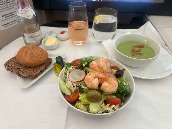 Delicious cream of zucchini soup and fantastic salad. Enjoyed the Austrian sparkling rose more than I expected to. 