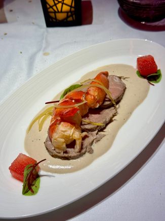 Surf and turf of poached lobster and veal fillet preserved lemon and tomato dressing (3/5) - description did not match the actual thing, slightly bland (there was no tomato dressing)