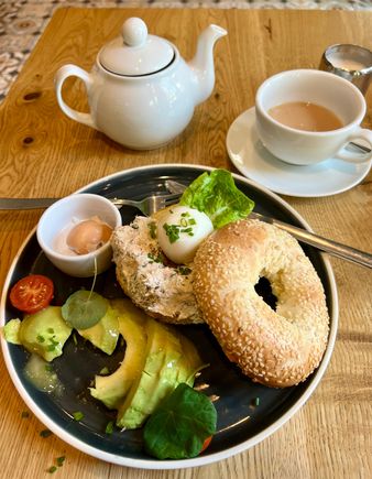Bagel with soft boiled egg, salmon paste and avo.