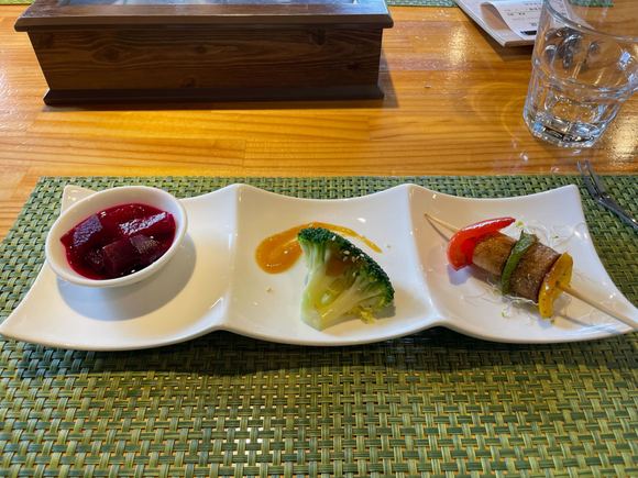 Starter - beets, broccoli, and a grilled veggie skewer