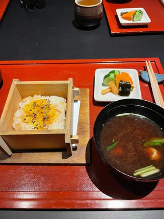 Red miso soup with cheesy scallop rice