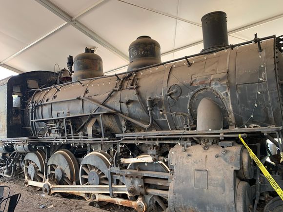 Full size locomotive on the patio at the Mine Shaft