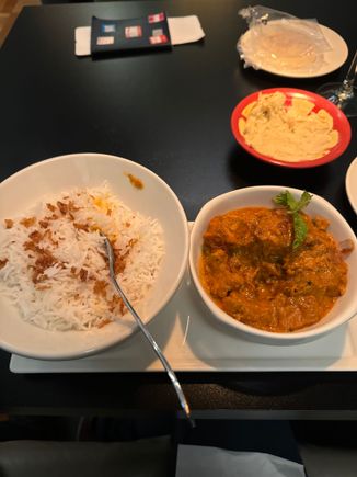 Chicken curry- decent; 

hummus; not so much as they used packaged bread in plastic.