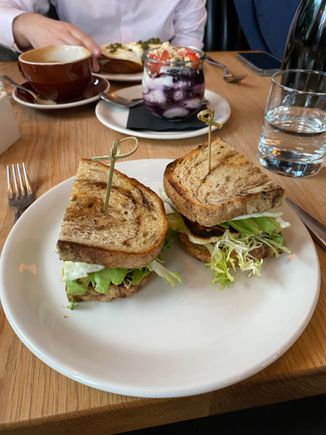 Grilled halloumi avocado egg sandwich, yogurt parfait