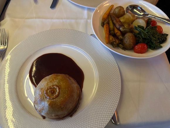 Double order of beef Wellington / sides. My beef was medium (slight pink) while my wife’s beef was medium to medium well (not by request). I took the beef out of the “shell” to de-comfort food it. Paired well with the Boudreaux and both Italian reds. 