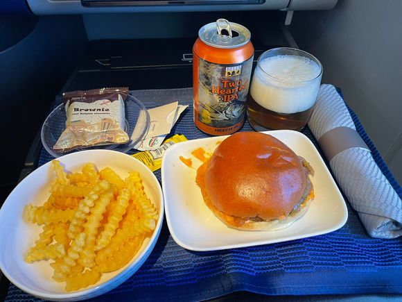 My first time having the UA fries.  Much better than expected for fries warmed on a plane. They were pretty crispy too.  One packet of ketchup was not enough.  The burger was fine.  I regret not trying the pasta instead.